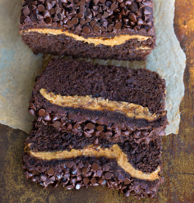 Chocolate banana bread with chocolate chips and peanut butter
