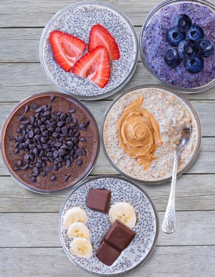 Chia Pudding Recipes - chocolate, vanilla, blueberry, banana, and peanut butter